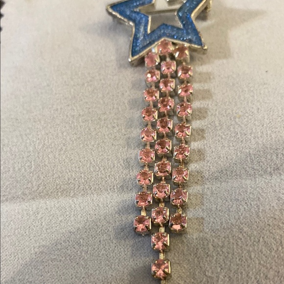 Star Shaped Blue Enamel Brooch with Pink Rhinestones Trailers . - Picture 3 of 6